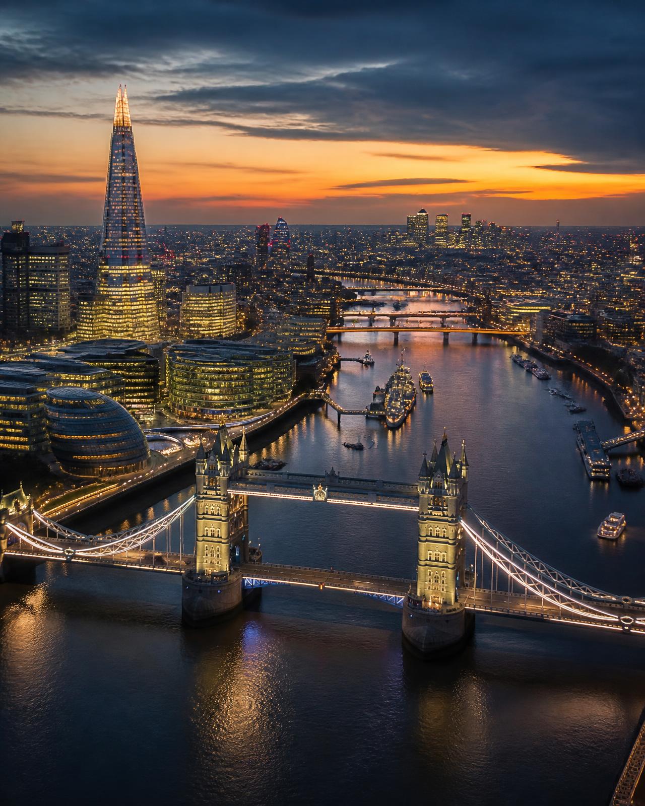 Tower Bridge and the London skyline at dusk
