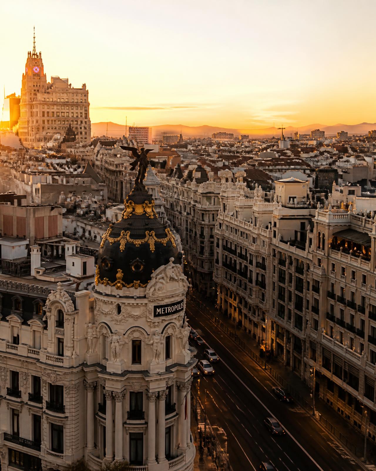 Madrid rooftops and Gran Via at golden hour