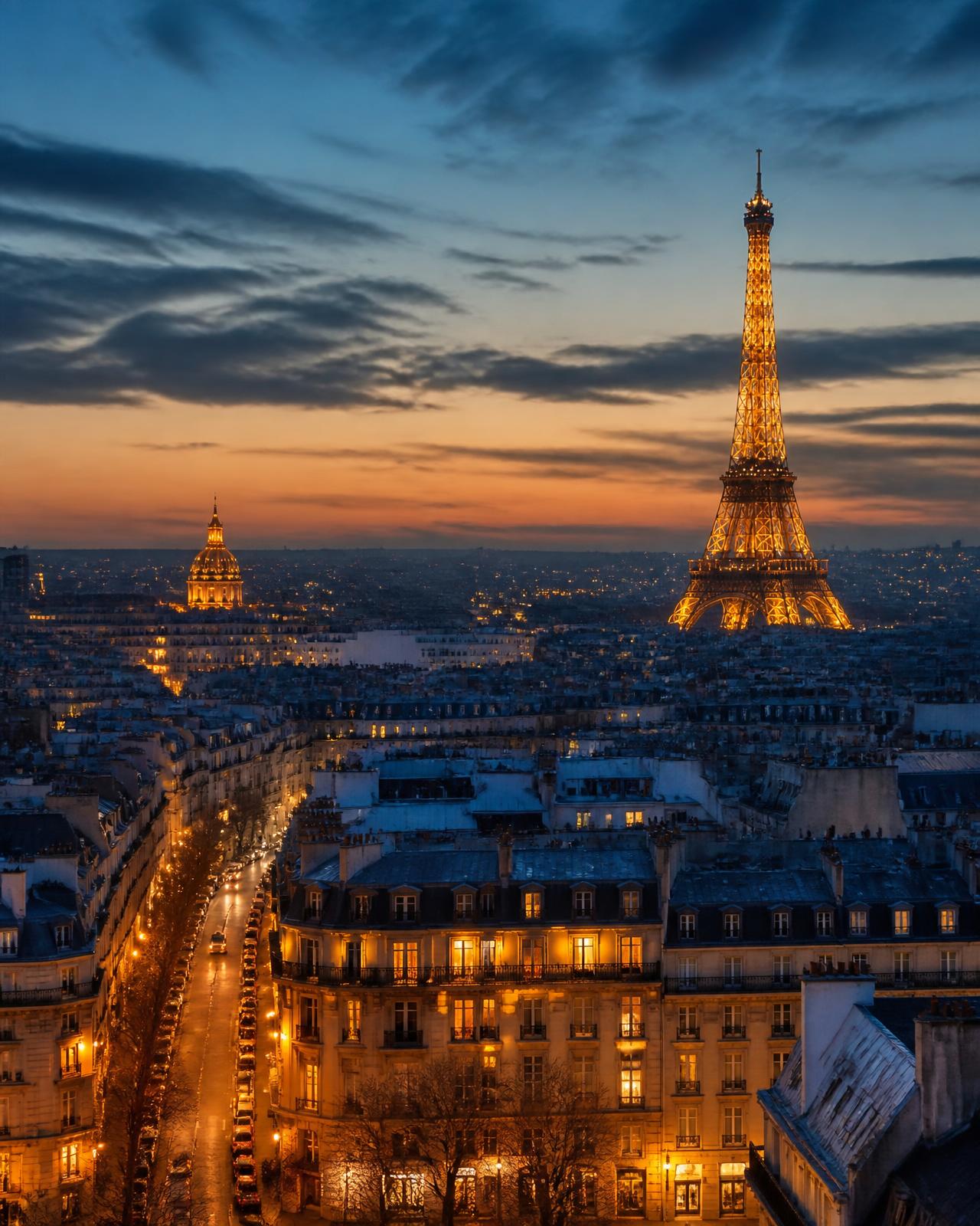 Paris rooftops with the Eiffel Tower lit at dusk