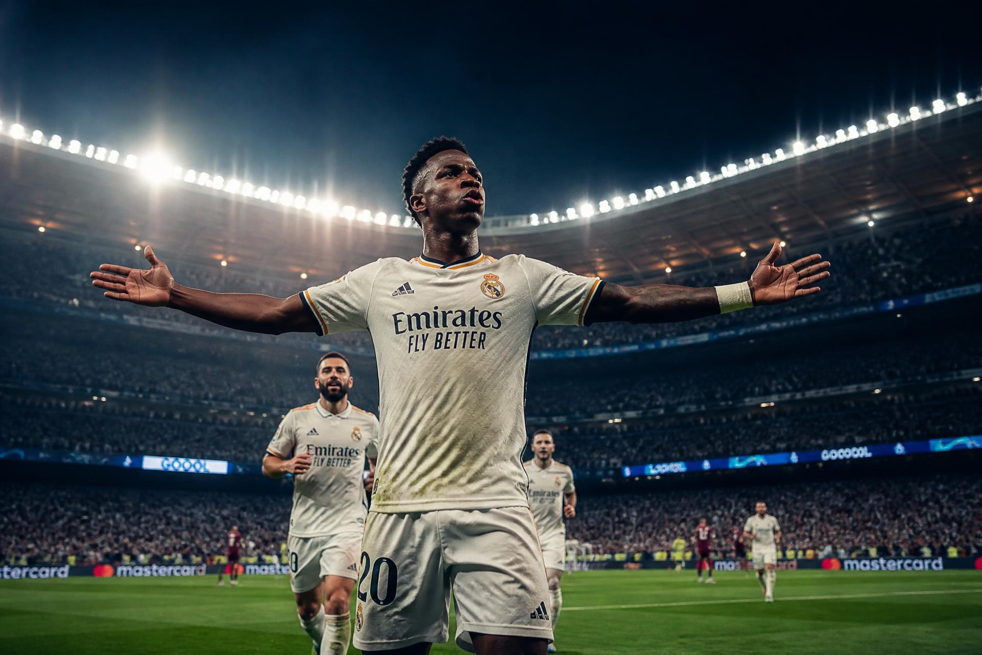 Footballer celebrating in front of a floodlit stadium crowd
