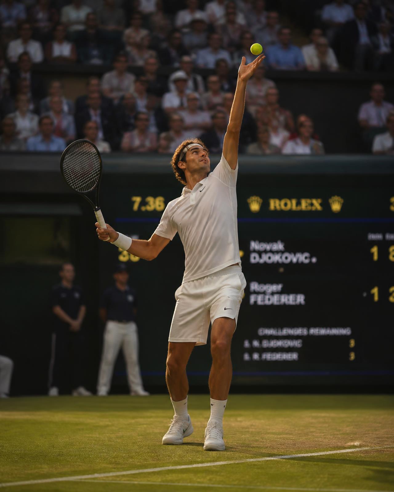 Tennis player serving on grass